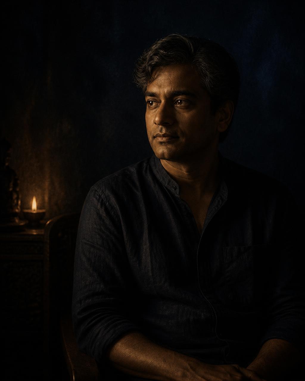 Portrait of Anurag Kumar, energy healer, seated by candlelight